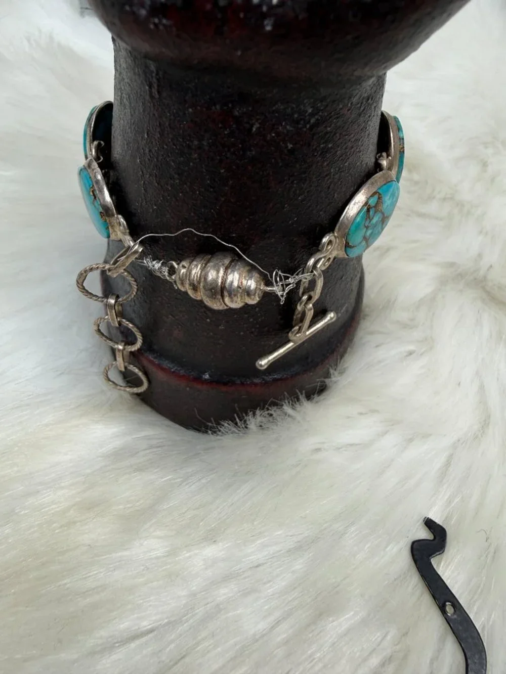 Sterling Silver & Oval Turquoise Stone Link Bracelet Toggle & Magnetic Clasp